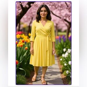 Lark& Grey Elegant Yellow Wrap style pleated bottom Dress